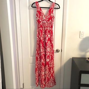 Coral-red and white patterned cotton maxi dress